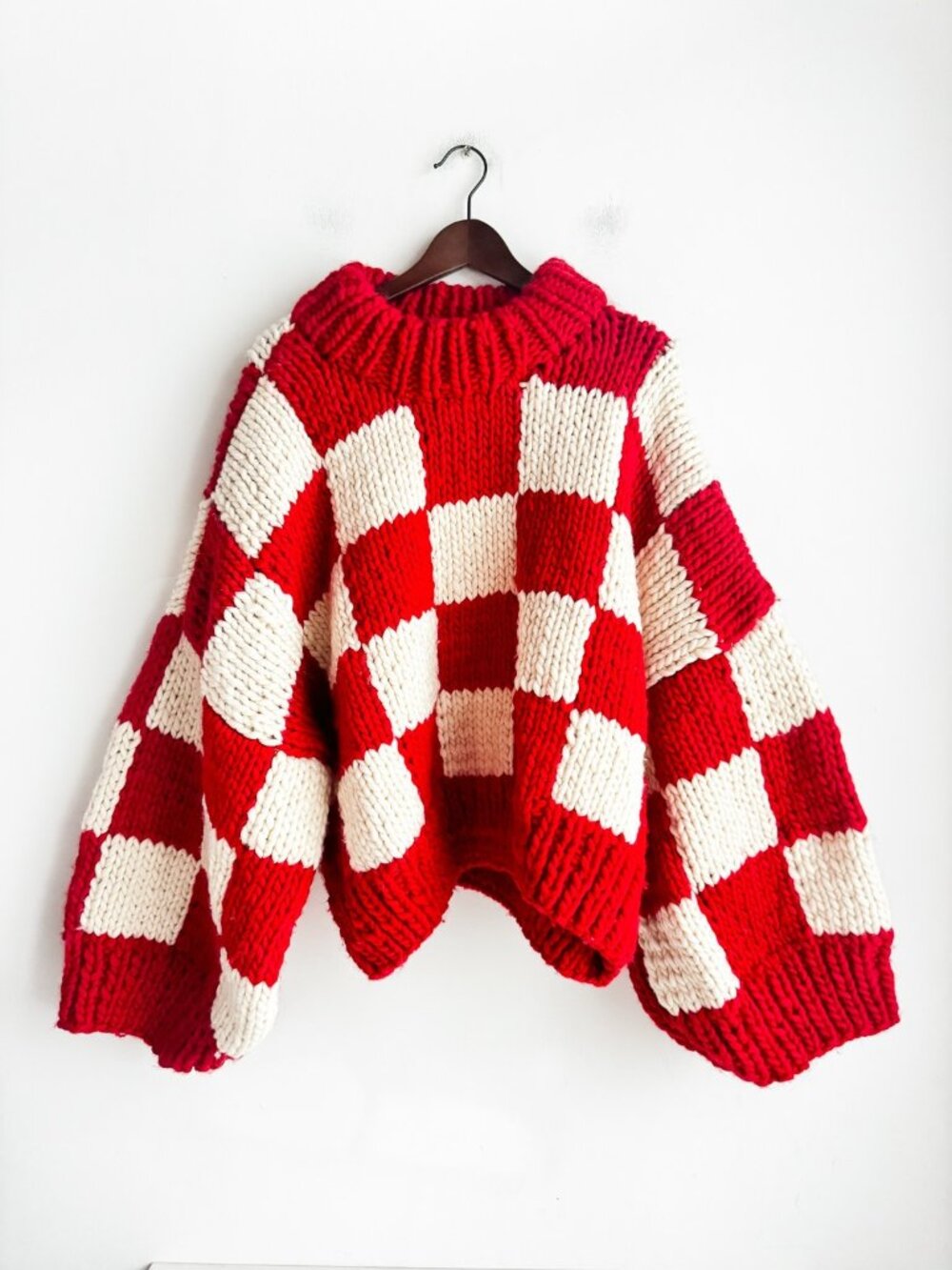 Vintage Handmade Check Print Red White Super Chunky Full Sleeve Pullover XL